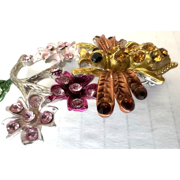 Crystal Rhinestone Flower Bee Brooch Pin Yellow Pink Silver-Tone 1-5/8” x 2-1/8” - Picture 3 of 9